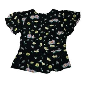 LOFT Top Women's Sz 6 Black Peplum Style‎ Floral Short Sleeve Blouse Back Zipper